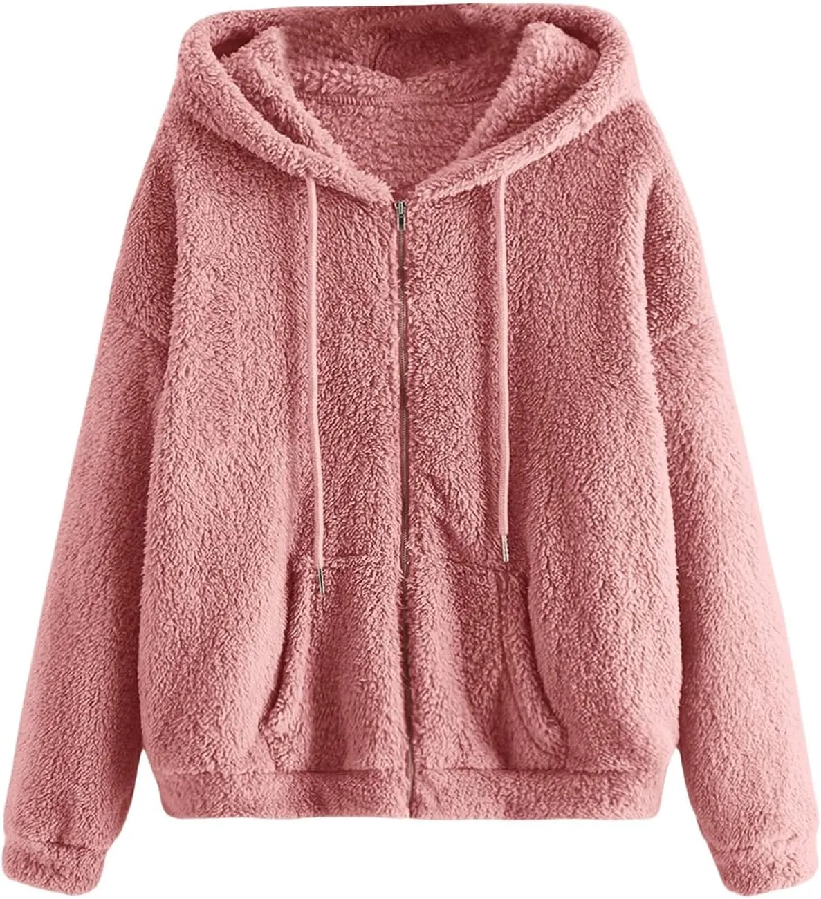 MakeMeChic Women's Faux Fur Coat Long Sleeve Zip Up Fuzzy Hoodie Lightweight Teddy Bear Fleece Jacket