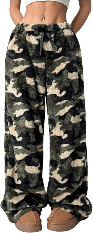 MakeMeChic Women's Fuzzy Drawstring Teddy Trousers Wide Leg Pants Loungewear