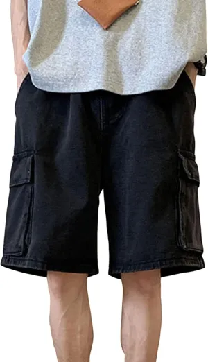 Men's 3/4 Cargo Biker Jean Shorts Vintage Distressed Denim Shorts Casual Multi-Pocket Short Pants