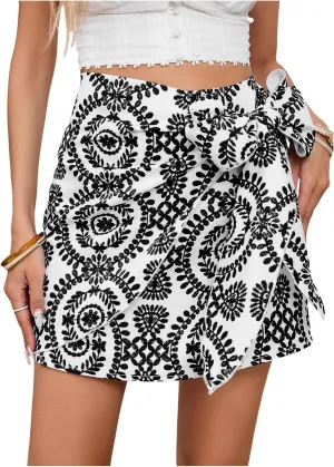 Milumia Women's Summer Boho Wrap Mini Skirt Allover Print High Waisted Knot Side Short Vacation Beach Skirt