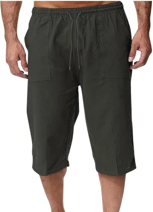 Muscularfit Mens Linen Shorts Capri Pants Baggy Drawstring Elastic Waist Beach Summer Cotton Linen Athletic Shorts Pockets