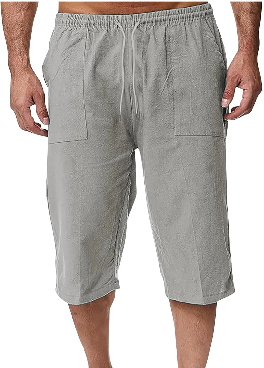 Muscularfit Mens Linen Shorts Capri Pants Baggy Drawstring Elastic Waist Beach Summer Cotton Linen Athletic Shorts Pockets