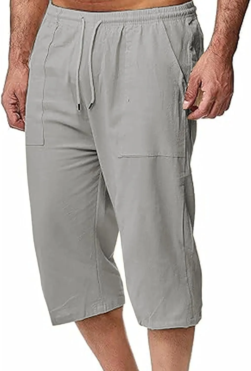 Muscularfit Mens Linen Shorts Capri Pants Baggy Drawstring Elastic Waist Beach Summer Cotton Linen Athletic Shorts Pockets