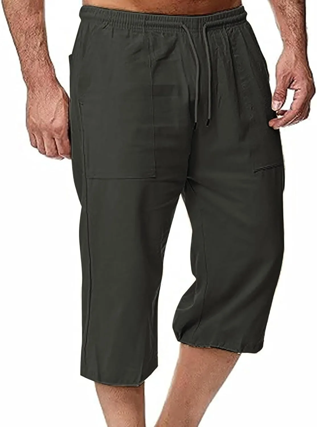 Muscularfit Mens Linen Shorts Capri Pants Baggy Drawstring Elastic Waist Beach Summer Cotton Linen Athletic Shorts Pockets