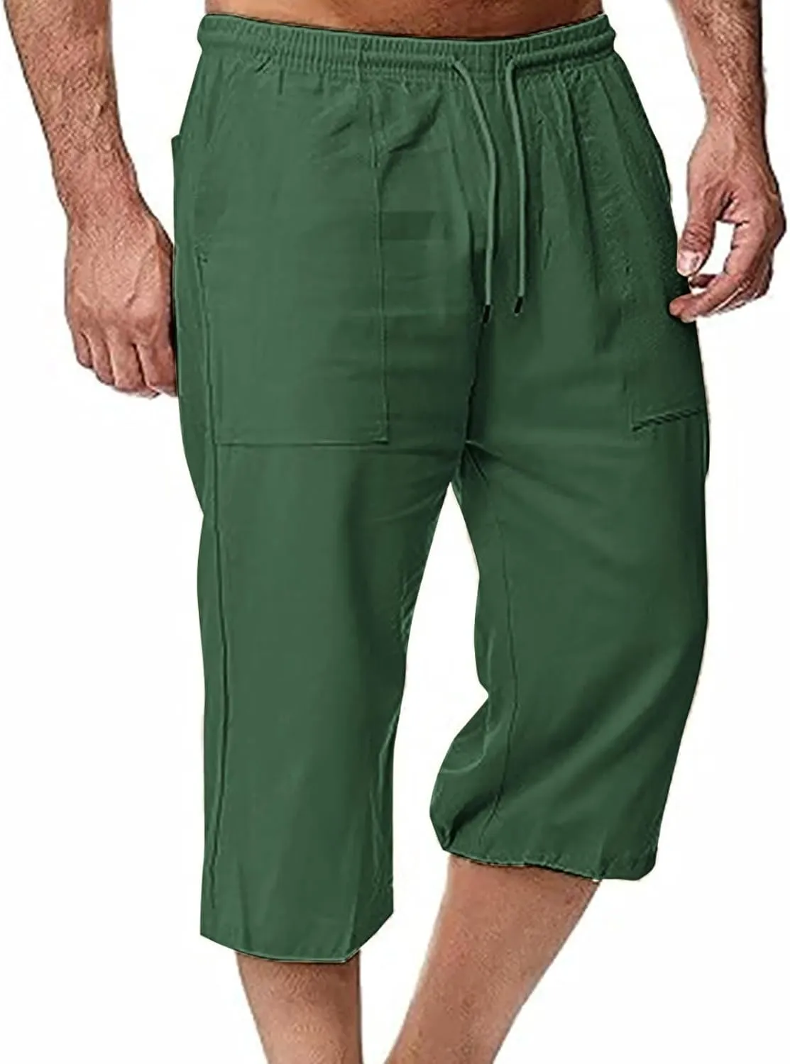 Muscularfit Mens Linen Shorts Capri Pants Baggy Drawstring Elastic Waist Beach Summer Cotton Linen Athletic Shorts Pockets