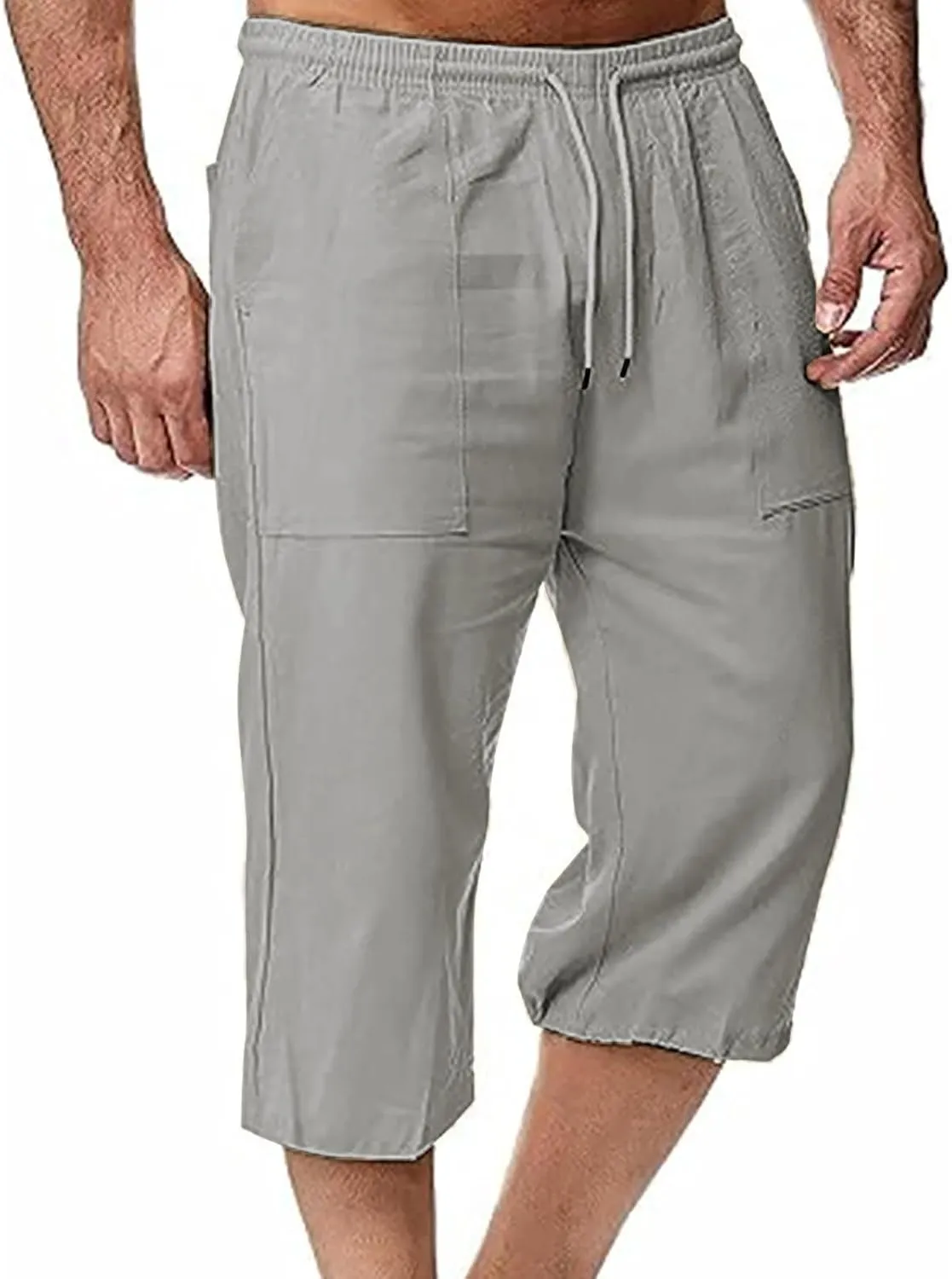 Muscularfit Mens Linen Shorts Capri Pants Baggy Drawstring Elastic Waist Beach Summer Cotton Linen Athletic Shorts Pockets