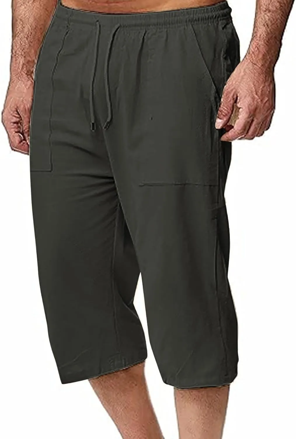 Muscularfit Mens Linen Shorts Capri Pants Baggy Drawstring Elastic Waist Beach Summer Cotton Linen Athletic Shorts Pockets