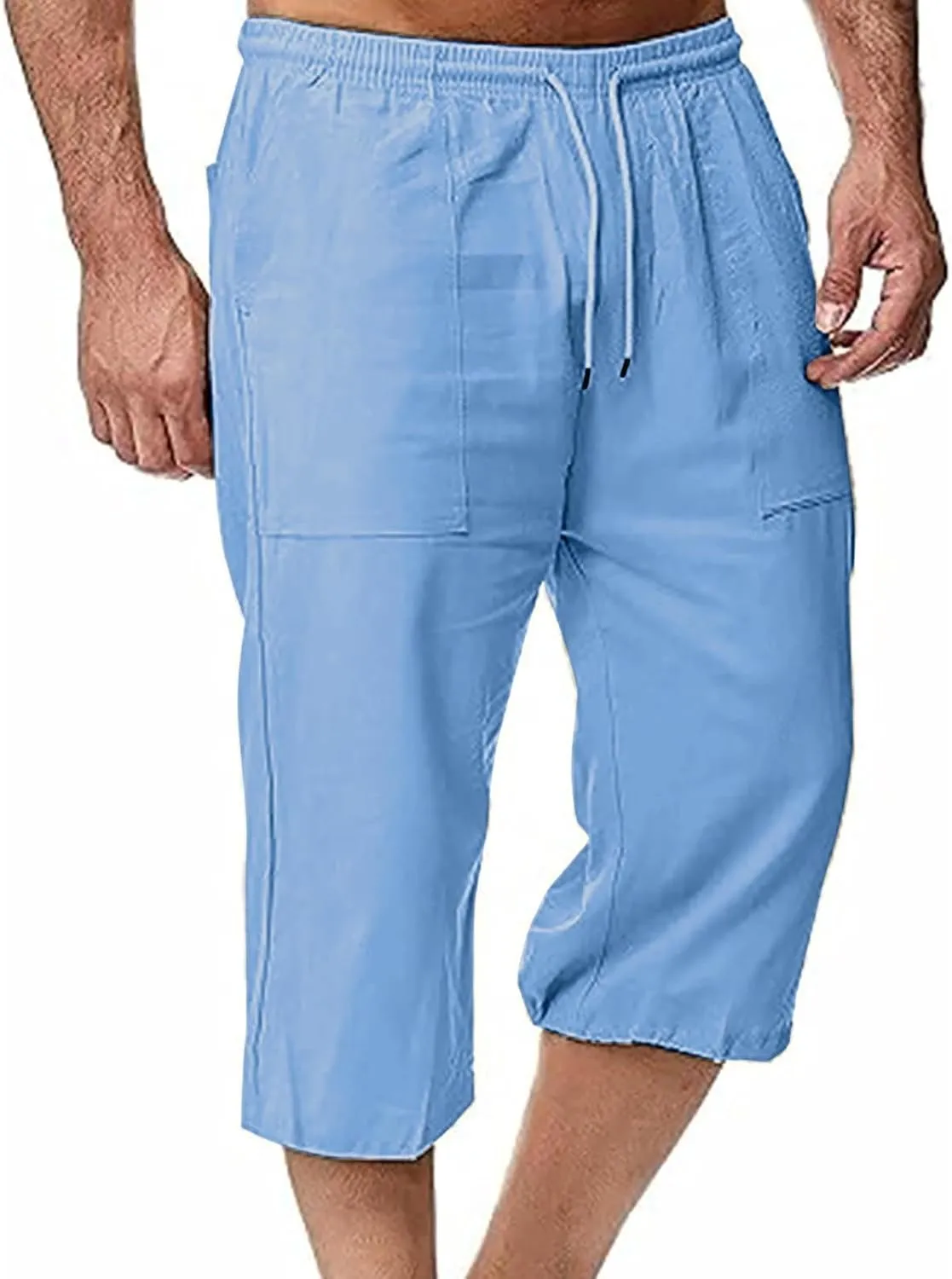Muscularfit Mens Linen Shorts Capri Pants Baggy Drawstring Elastic Waist Beach Summer Cotton Linen Athletic Shorts Pockets