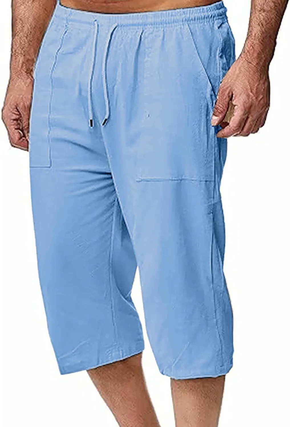 Muscularfit Mens Linen Shorts Capri Pants Baggy Drawstring Elastic Waist Beach Summer Cotton Linen Athletic Shorts Pockets