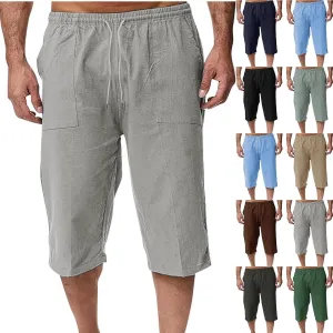 Muscularfit Mens Linen Shorts Capri Pants Baggy Drawstring Elastic Waist Beach Summer Cotton Linen Athletic Shorts Pockets