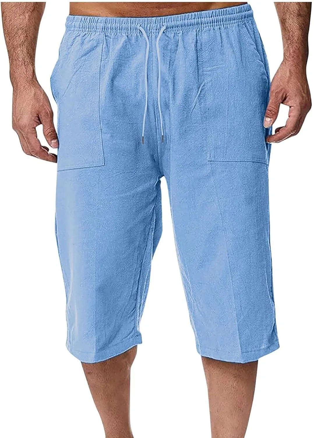 Muscularfit Mens Linen Shorts Capri Pants Baggy Drawstring Elastic Waist Beach Summer Cotton Linen Athletic Shorts Pockets