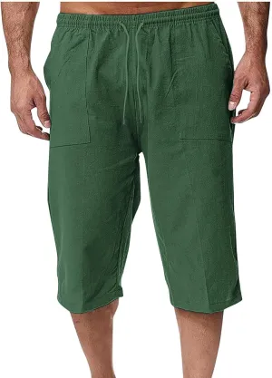 Muscularfit Mens Linen Shorts Capri Pants Baggy Drawstring Elastic Waist Beach Summer Cotton Linen Athletic Shorts Pockets