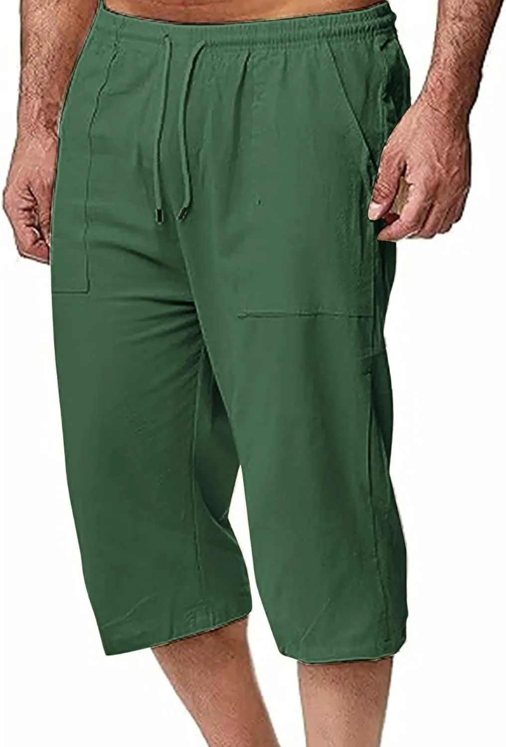 Muscularfit Mens Linen Shorts Capri Pants Baggy Drawstring Elastic Waist Beach Summer Cotton Linen Athletic Shorts Pockets