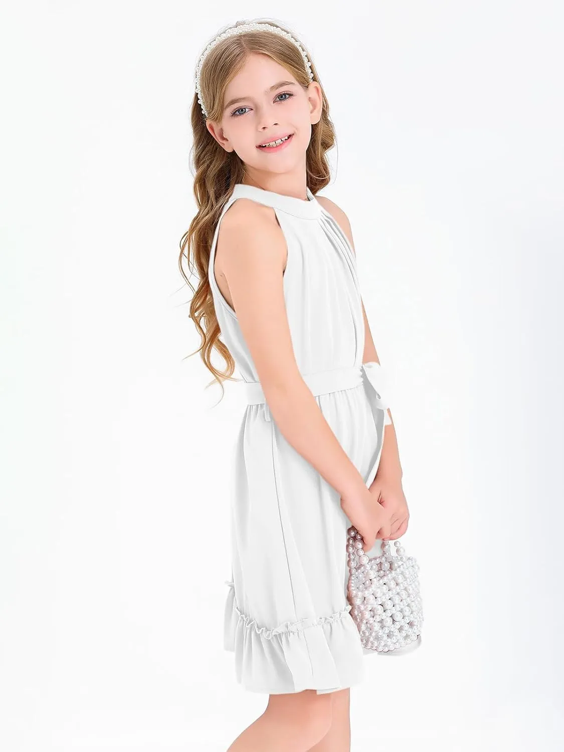 Newffr Girl's Halter Neck Sleeveless Summer Dress Tie Waist A-line Sundress Mini Swing Pleated Dress for Girls 4-12