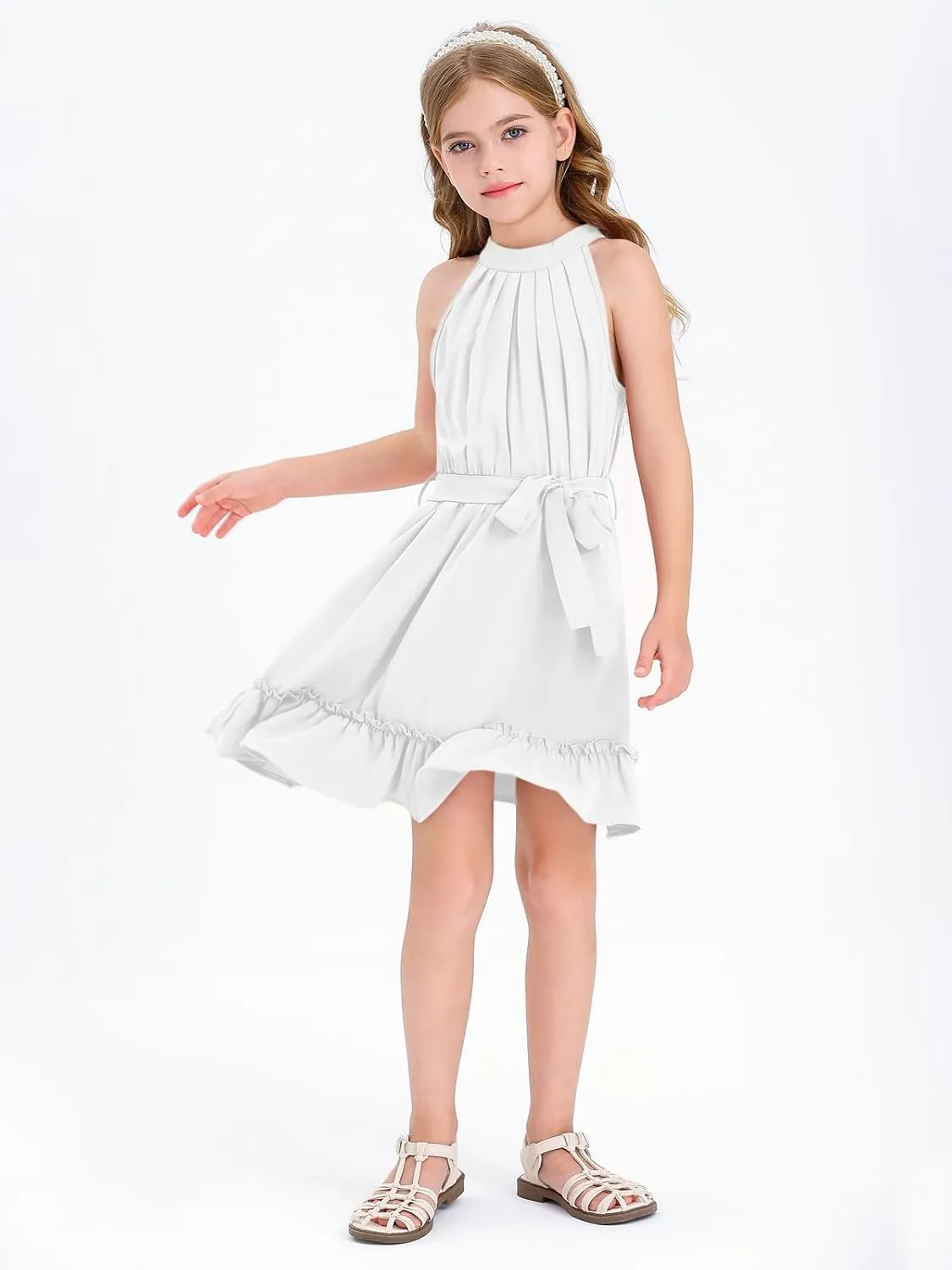 Newffr Girl's Halter Neck Sleeveless Summer Dress Tie Waist A-line Sundress Mini Swing Pleated Dress for Girls 4-12