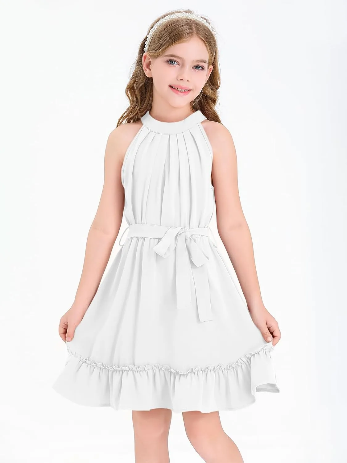Newffr Girl's Halter Neck Sleeveless Summer Dress Tie Waist A-line Sundress Mini Swing Pleated Dress for Girls 4-12