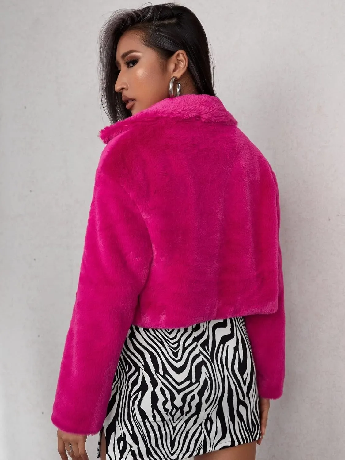 Nihsatin Womens Solid Cropped Long Sleeve Shaggy Jacket Lapel Faux Fur Coat Outwear Warm Winter