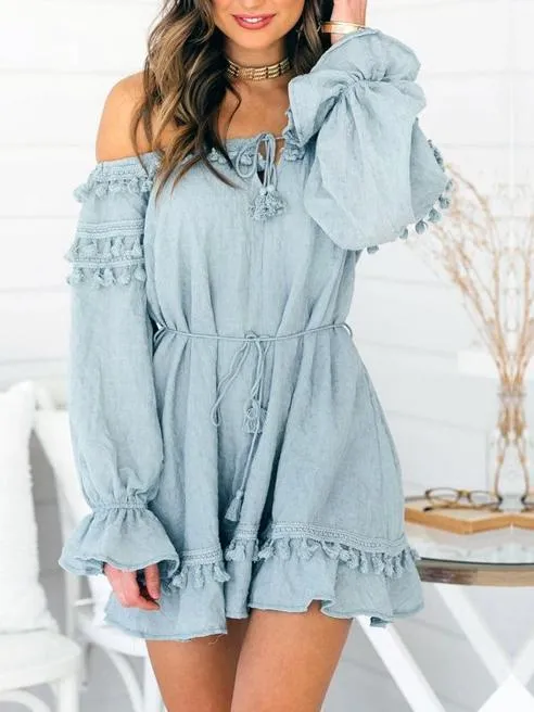 Off Shoulder Long Sleeve Tassel Mini Dress