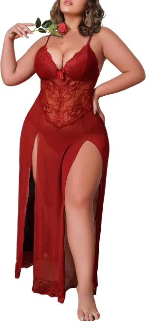 Plus Size Lingerie For Women Babydoll Sexy Mesh Maxi Nightdress Exotic Sleepwear Side Slits