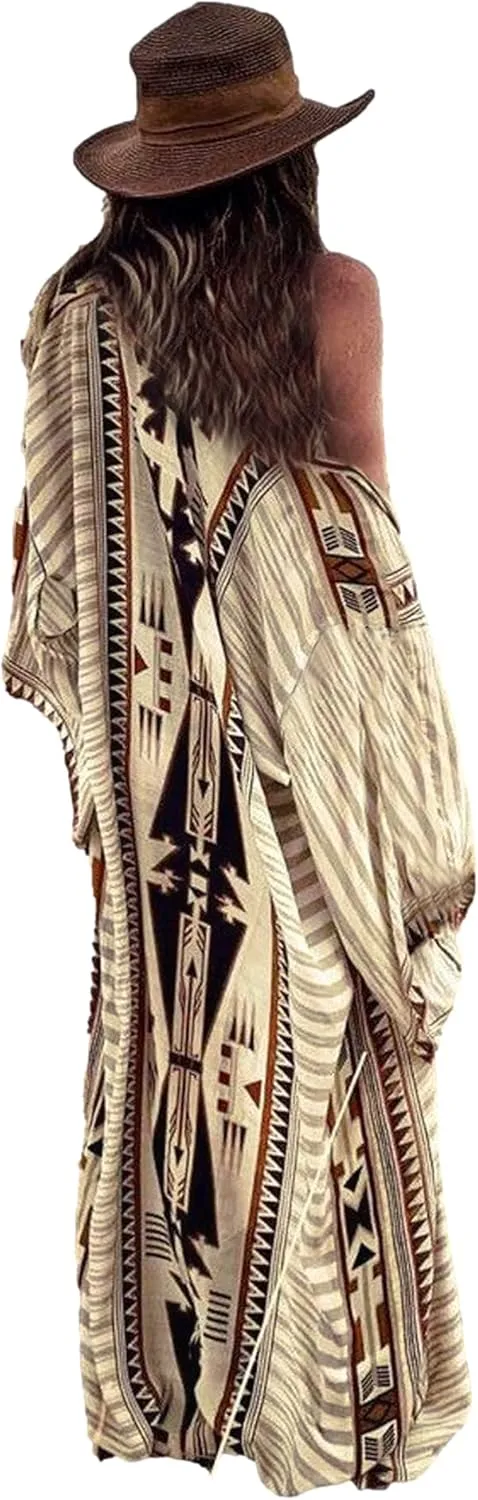 RanRui Beach cover up over sized kimonos Women's geometry Print Rayon kimonos with belt for summer