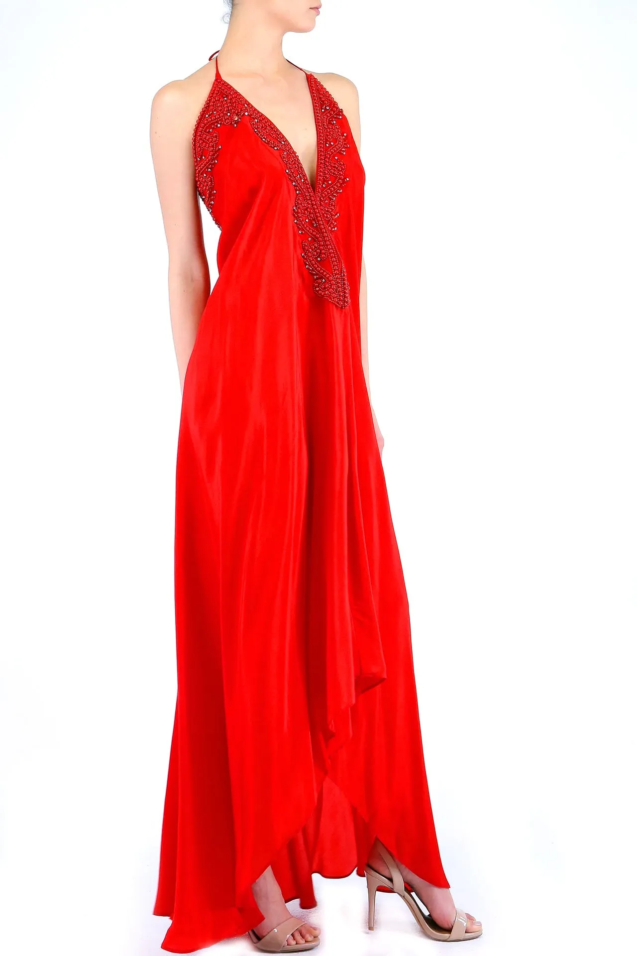 Red Embellished Flowy Maxi Dress