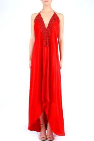 Red Embellished Flowy Maxi Dress