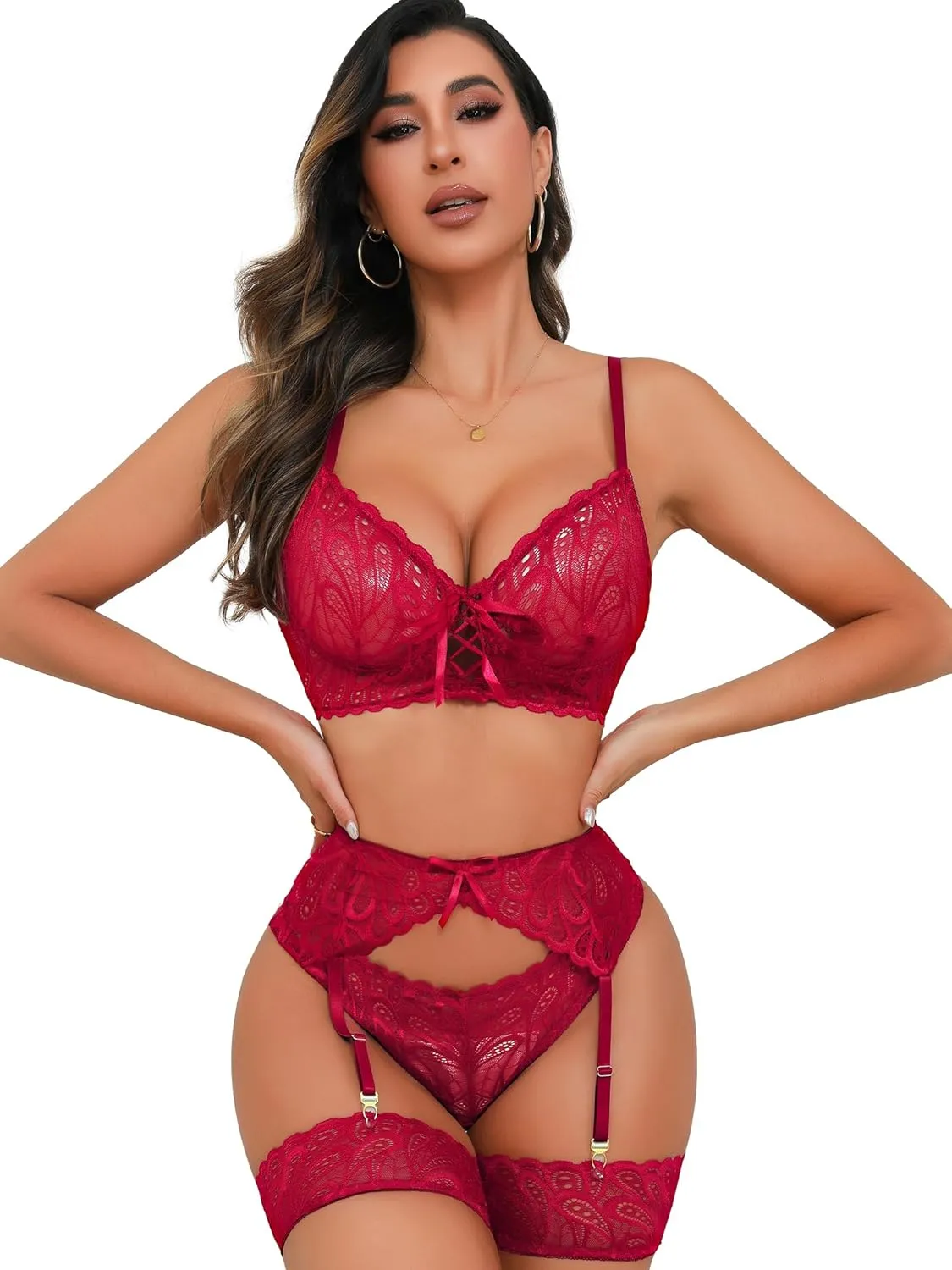 Sexy Lingerie for Women,3 Piece Lace Lingerie Set Bra and Panty Sets with Garter Belt Babydoll Teddy