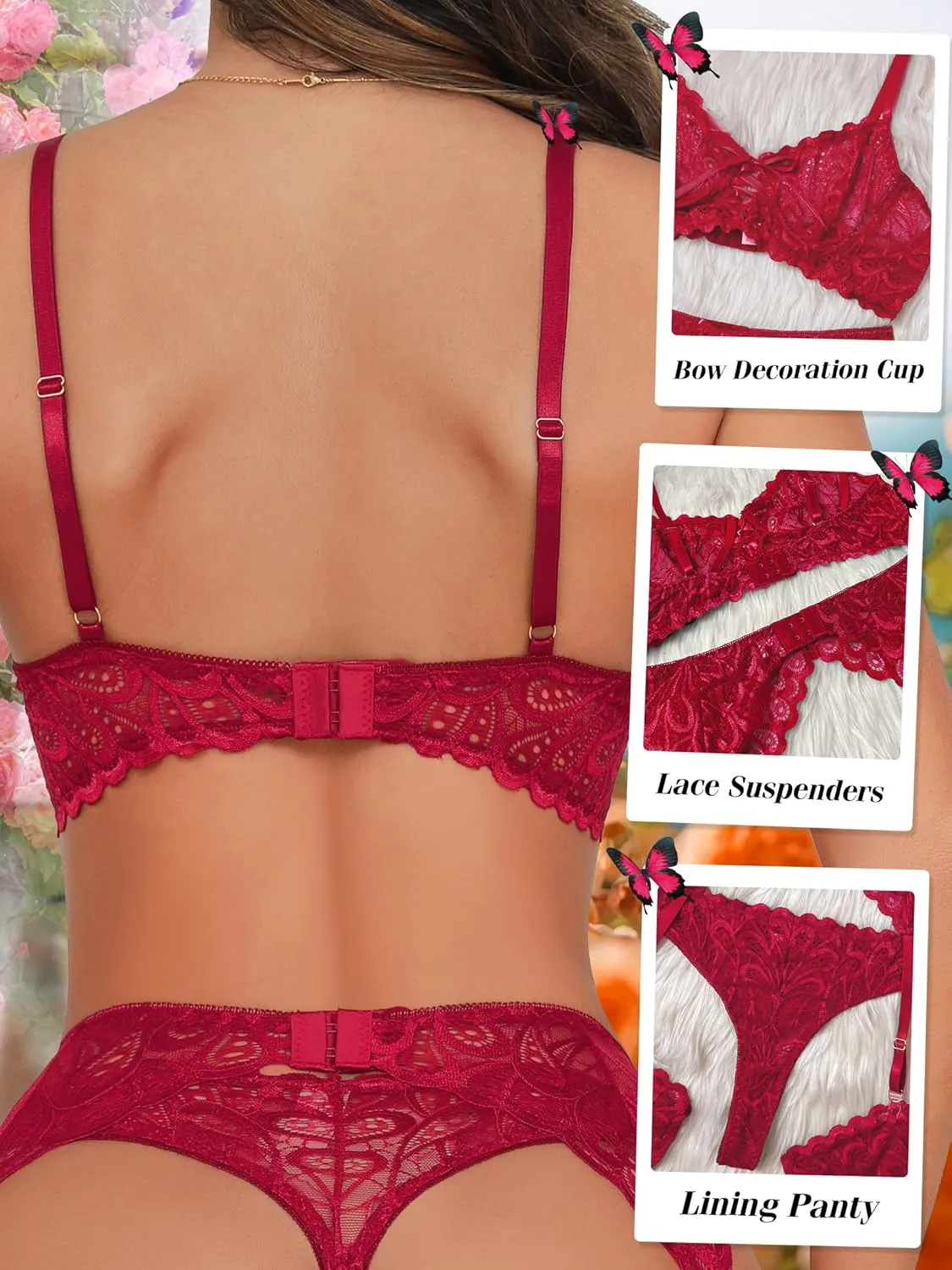 Sexy Lingerie for Women,3 Piece Lace Lingerie Set Bra and Panty Sets with Garter Belt Babydoll Teddy