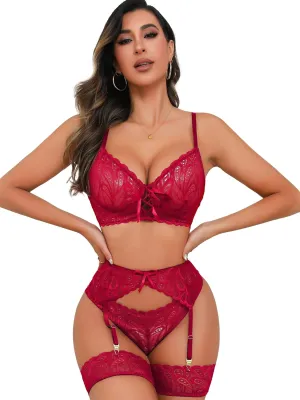 Sexy Lingerie for Women,3 Piece Lace Lingerie Set Bra and Panty Sets with Garter Belt Babydoll Teddy
