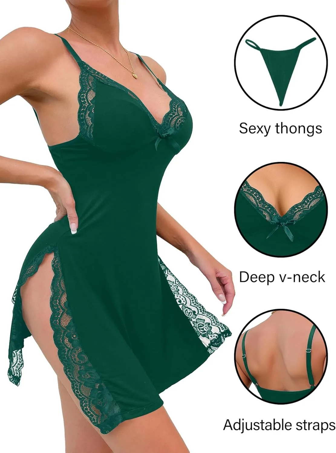 Sexy Split Side Floral Lace Trim Full Slip Night Gown Babydoll Lingerie Dress