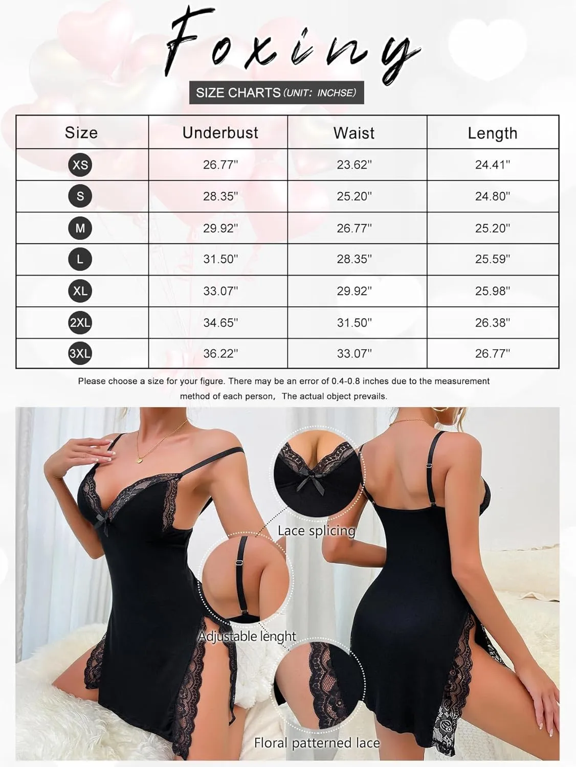 Sexy Split Side Floral Lace Trim Full Slip Night Gown Babydoll Lingerie Dress