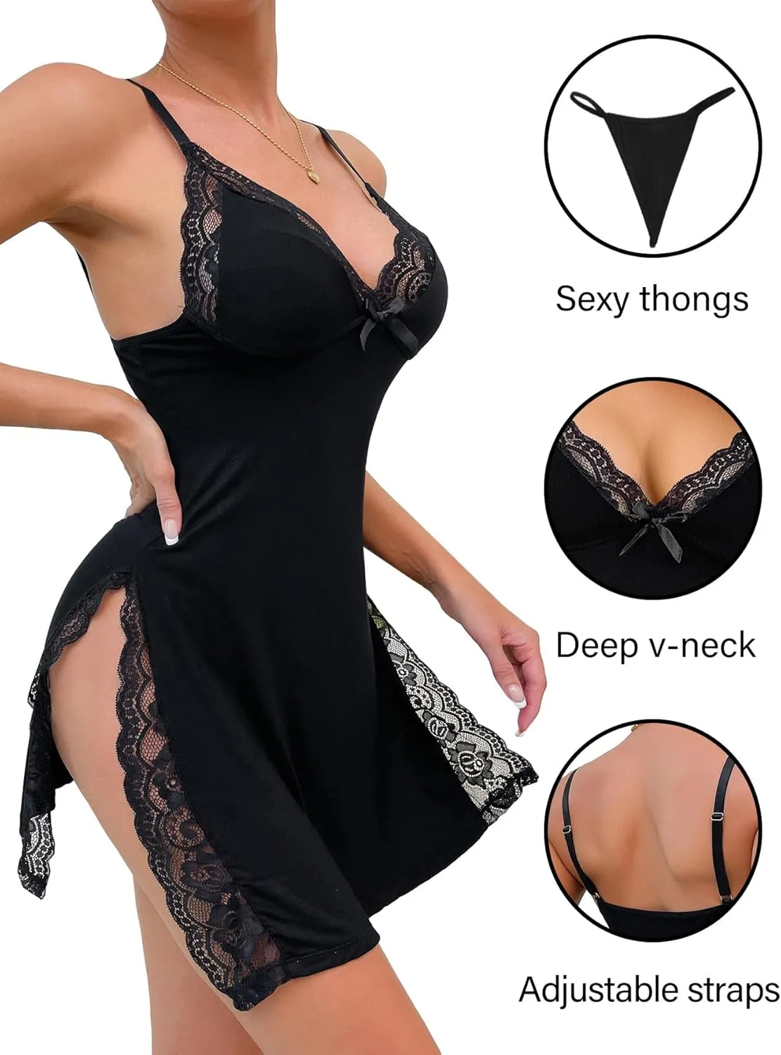 Sexy Split Side Floral Lace Trim Full Slip Night Gown Babydoll Lingerie Dress