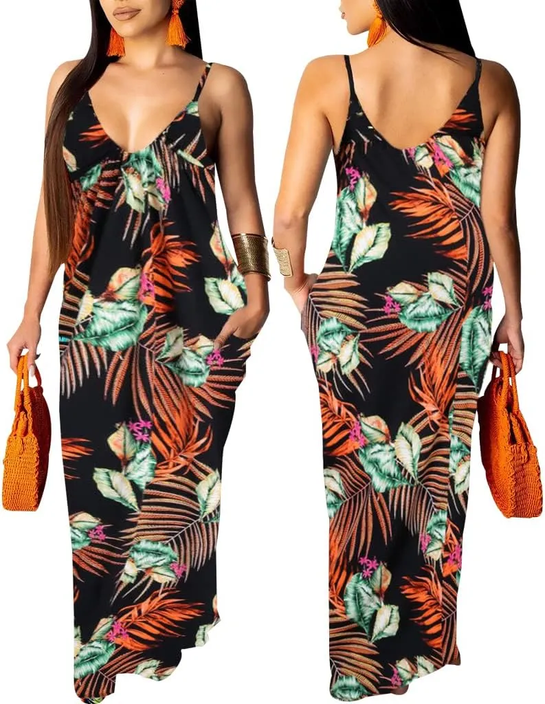SheKiss 2025 Women's Casual Summer Floral Long Maxi Dresses Floor Length Sleeveless Plus Size Sundresses