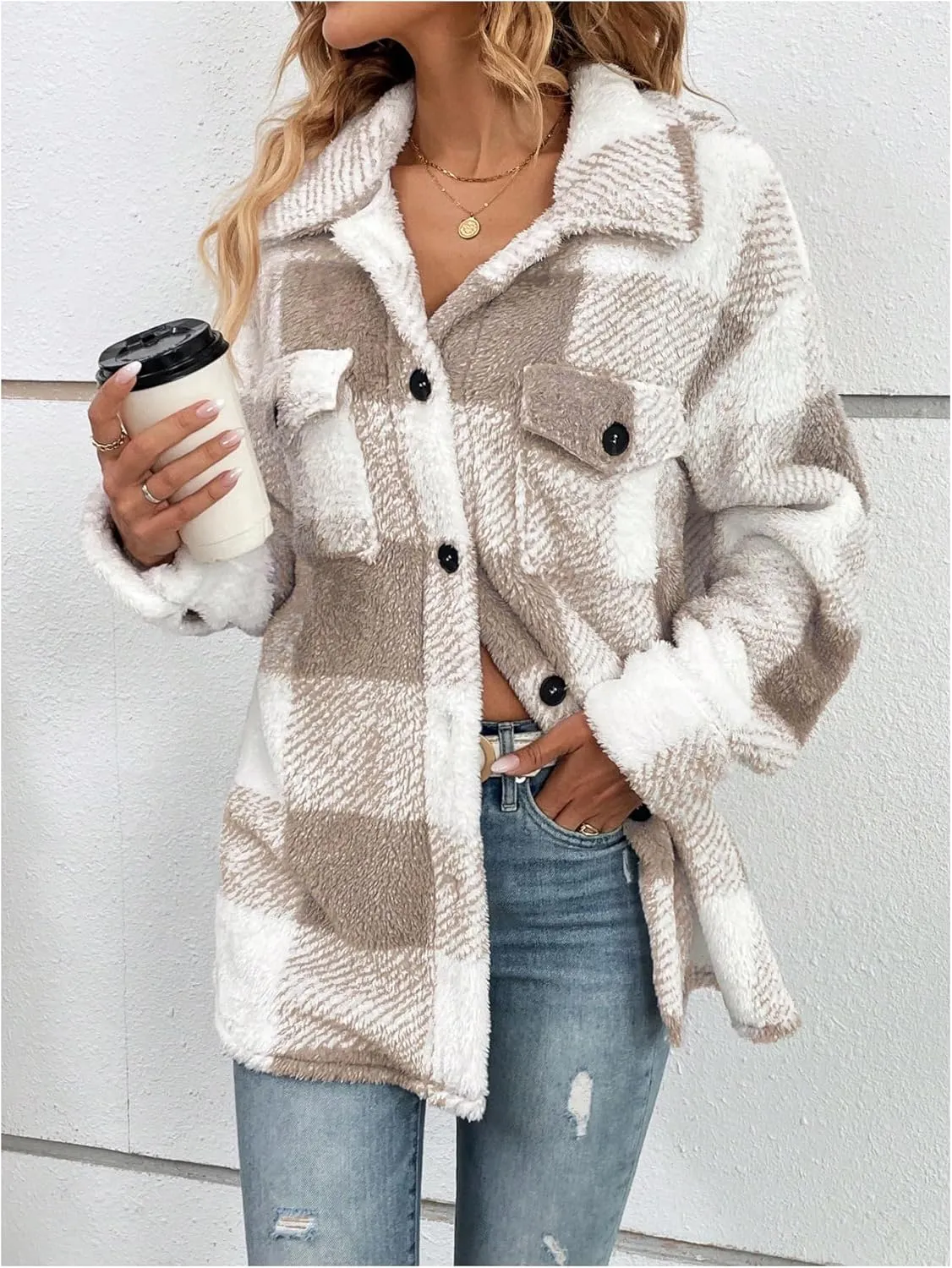 SOLY HUX Women's Plaid Jacket Fuzzy Checkered Shacket Button Down Fleece Jacket Outerwear with Flap Pockets