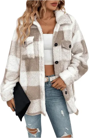 SOLY HUX Women's Plaid Jacket Fuzzy Checkered Shacket Button Down Fleece Jacket Outerwear with Flap Pockets