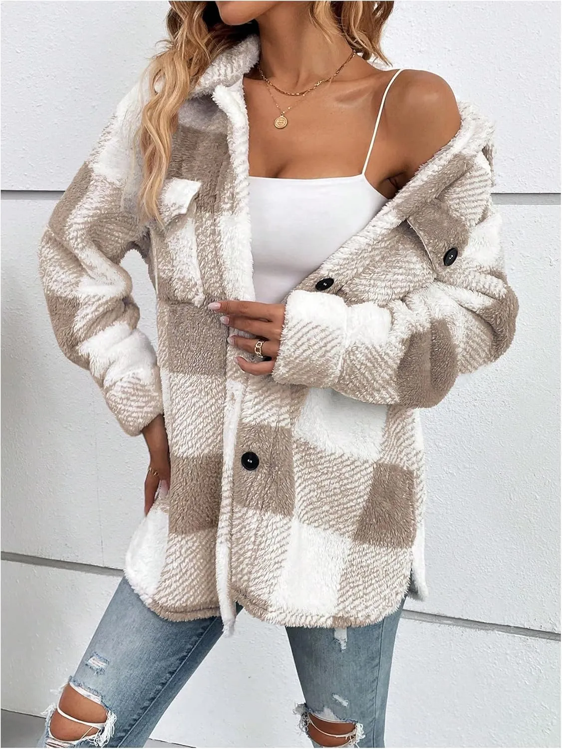 SOLY HUX Women's Plaid Jacket Fuzzy Checkered Shacket Button Down Fleece Jacket Outerwear with Flap Pockets