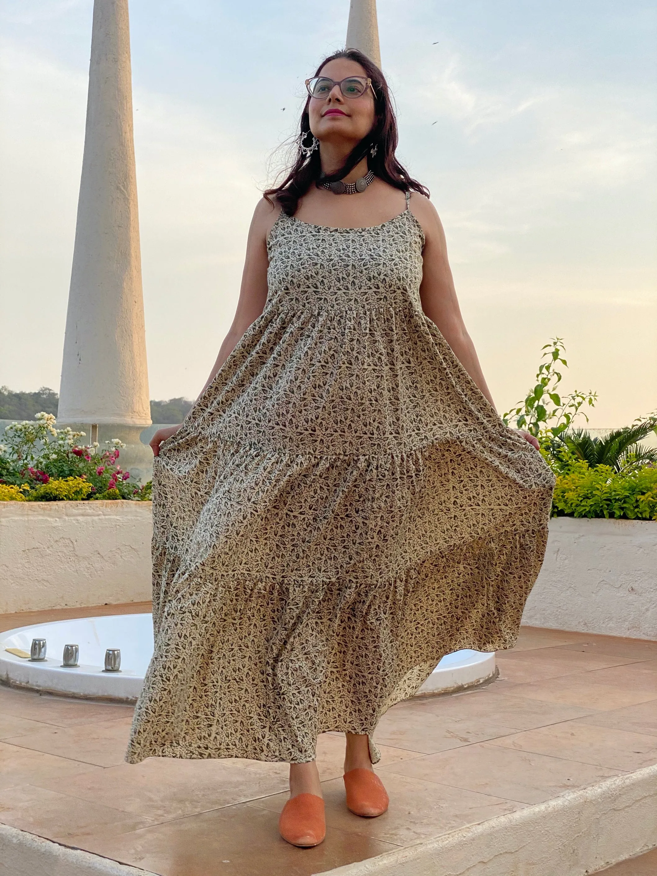 Spaghetti Ivory Green Tiny Leafy Motif Hand-Block Printed Tiered Dress