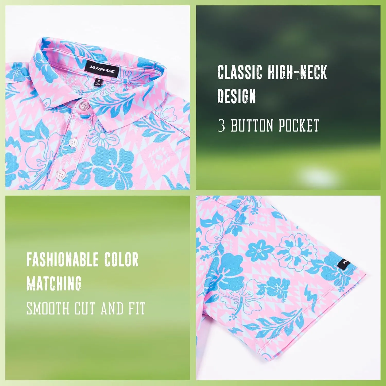 SURF CUZ Golf Shirt Moisture Wicking for Men Dry Fit Polo Shirts Short Sleeve Print Performance 4-Way Stretch