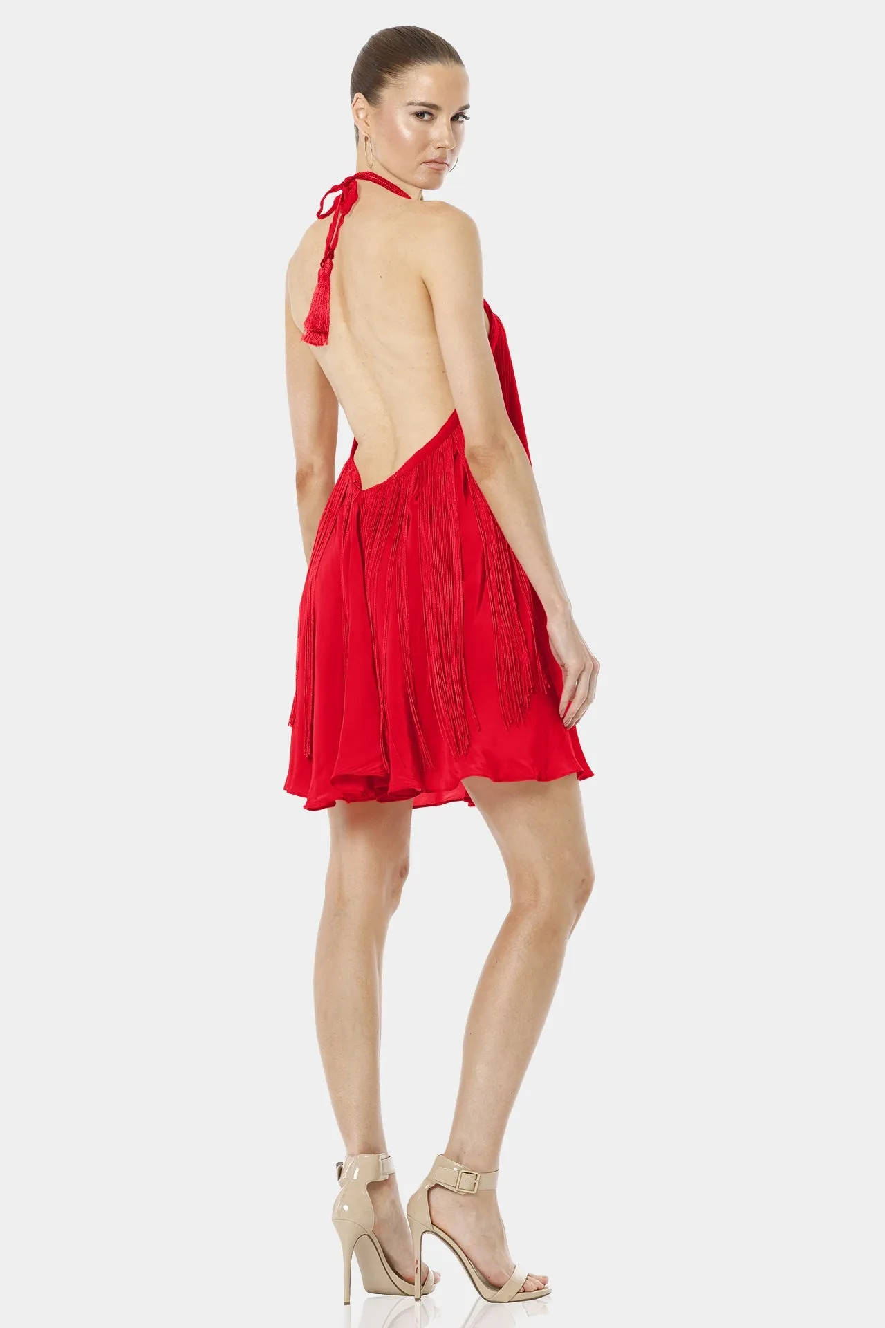 The Cave Chili Red Fringe Dress With Halter Neckline