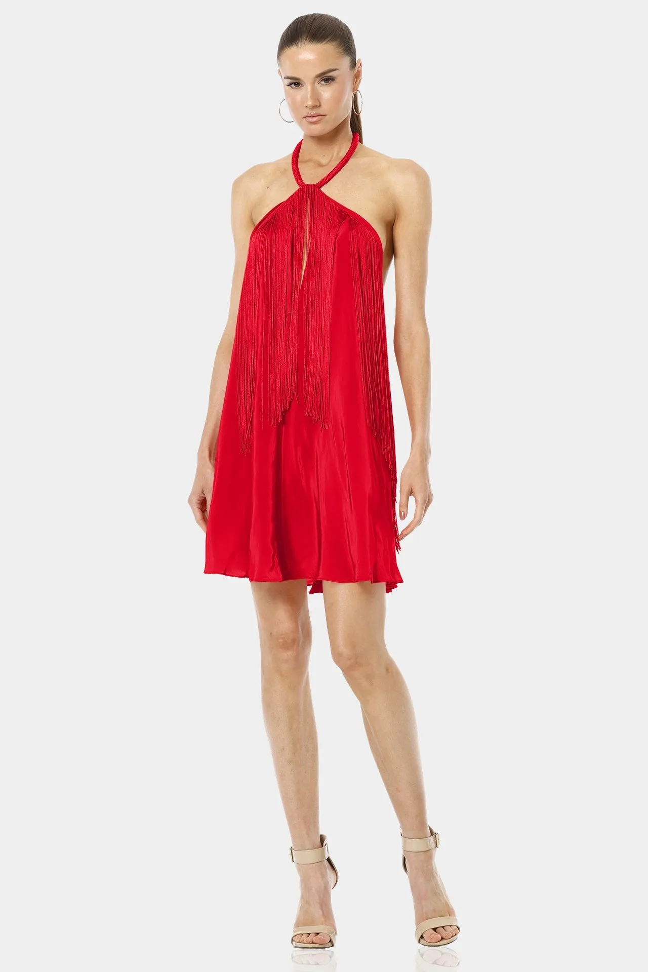 The Cave Chili Red Fringe Dress With Halter Neckline