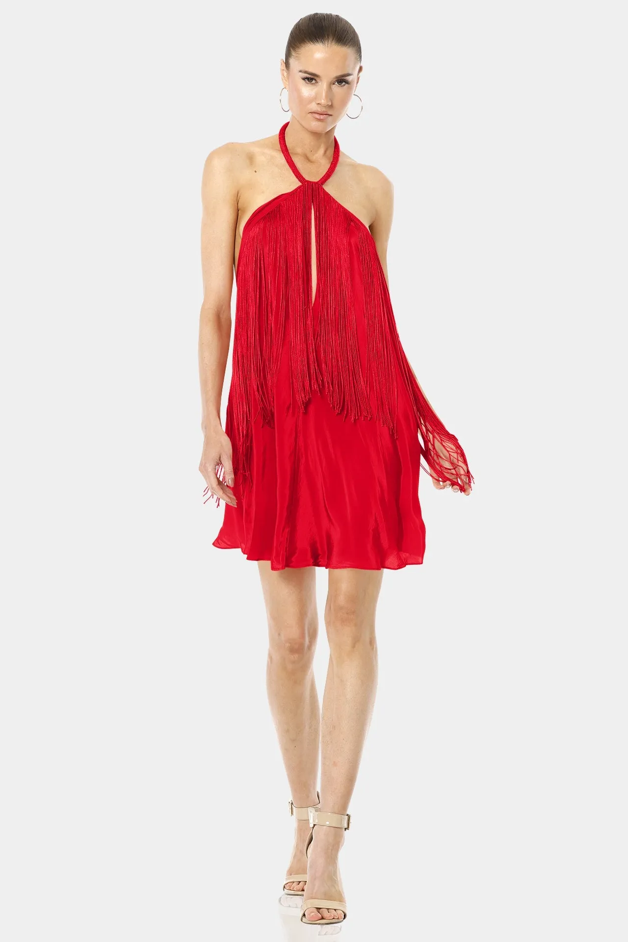 The Cave Chili Red Fringe Dress With Halter Neckline