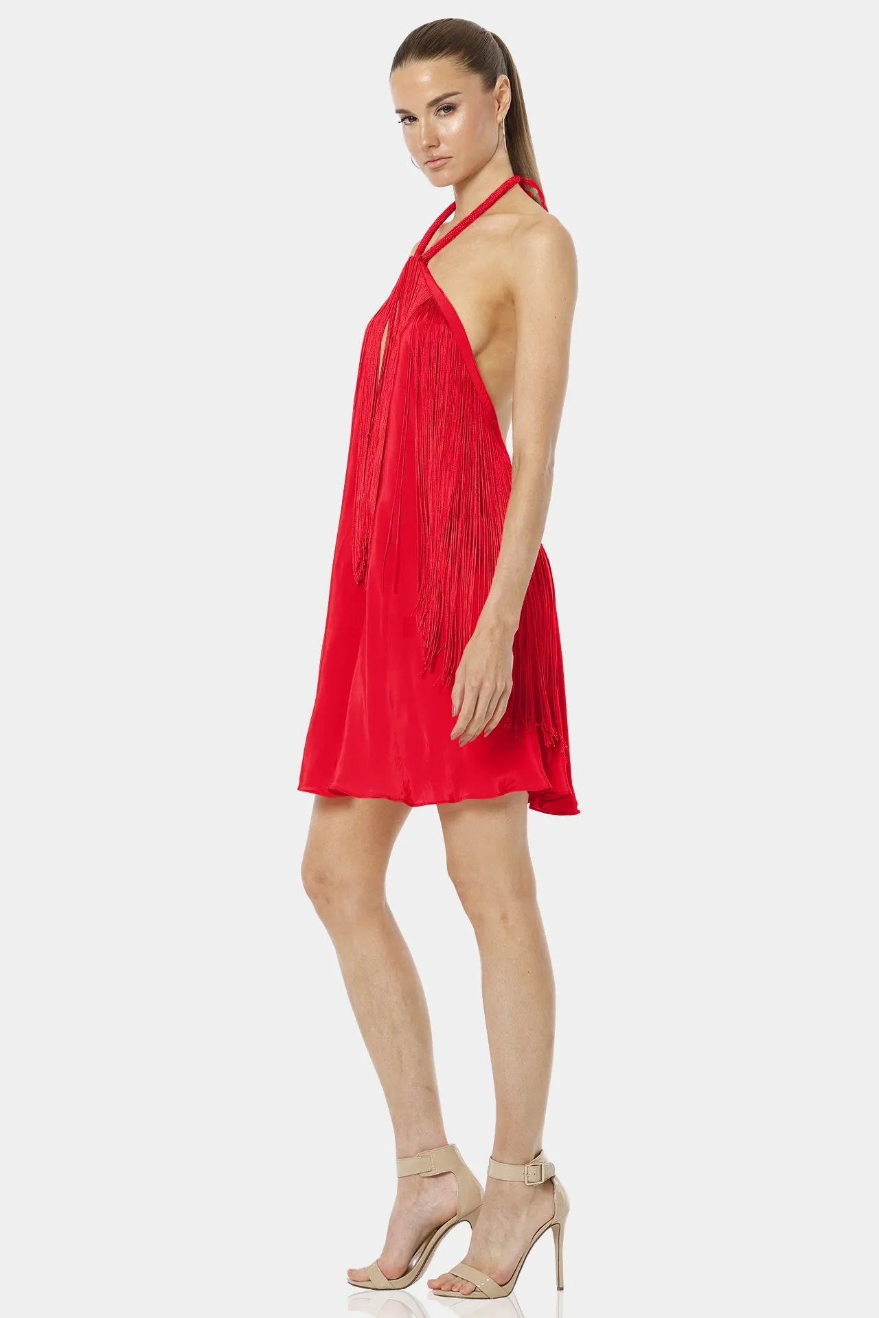 The Cave Chili Red Fringe Dress With Halter Neckline