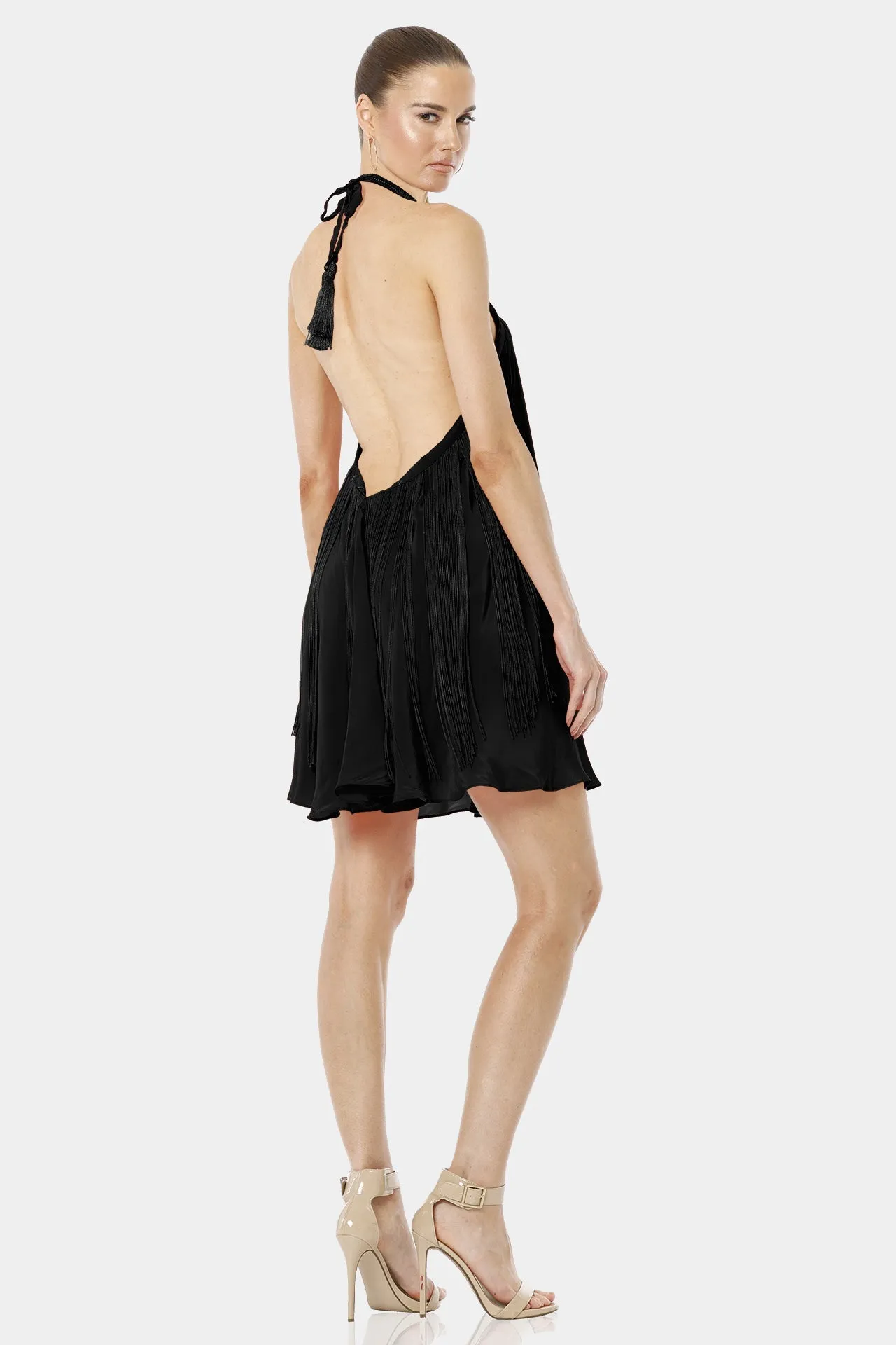 The Cave Short Fringe Halter Neck Black Backless Dress