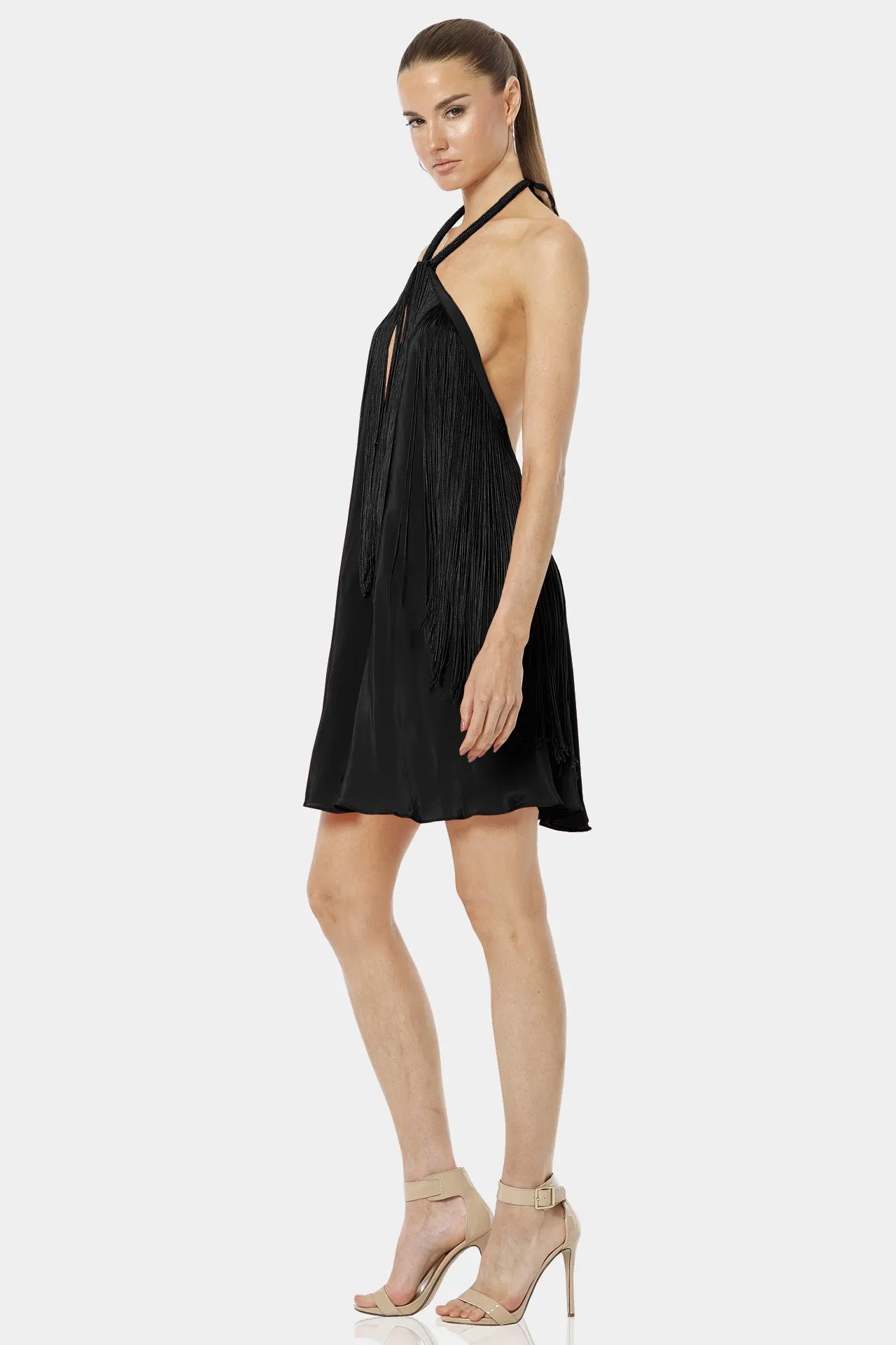 The Cave Short Fringe Halter Neck Black Backless Dress