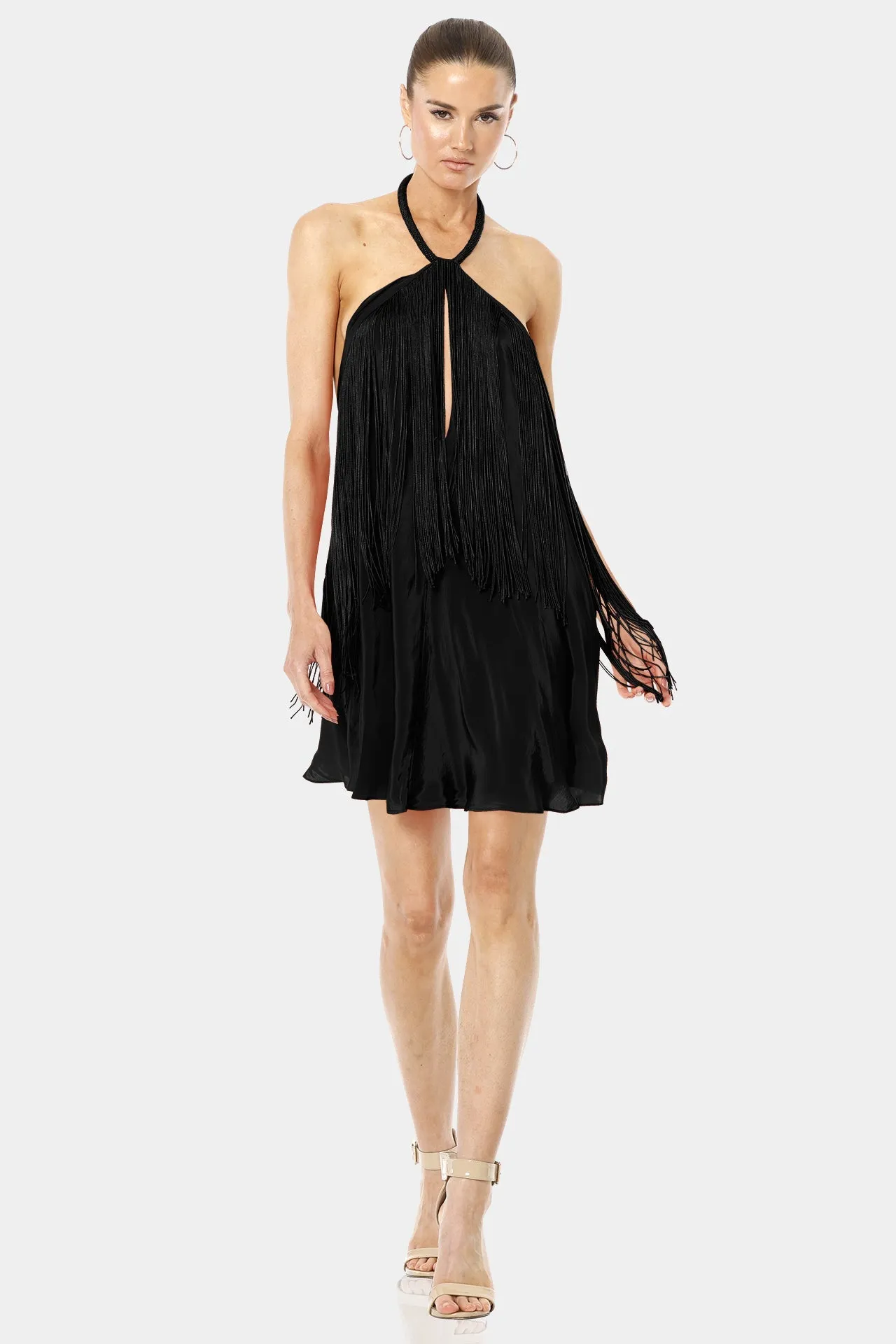 The Cave Short Fringe Halter Neck Black Backless Dress