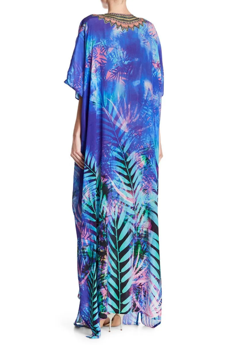 Tropical Print Kaftan V Neckline