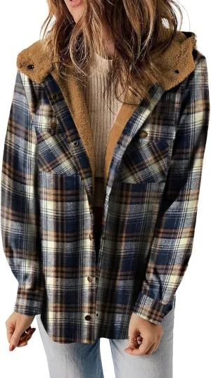 [Updated with Pockets] Womens Plaid Fleece Jacket Long Sleeve Button Down Hooded Jackets Warm Coat for Winter Fall