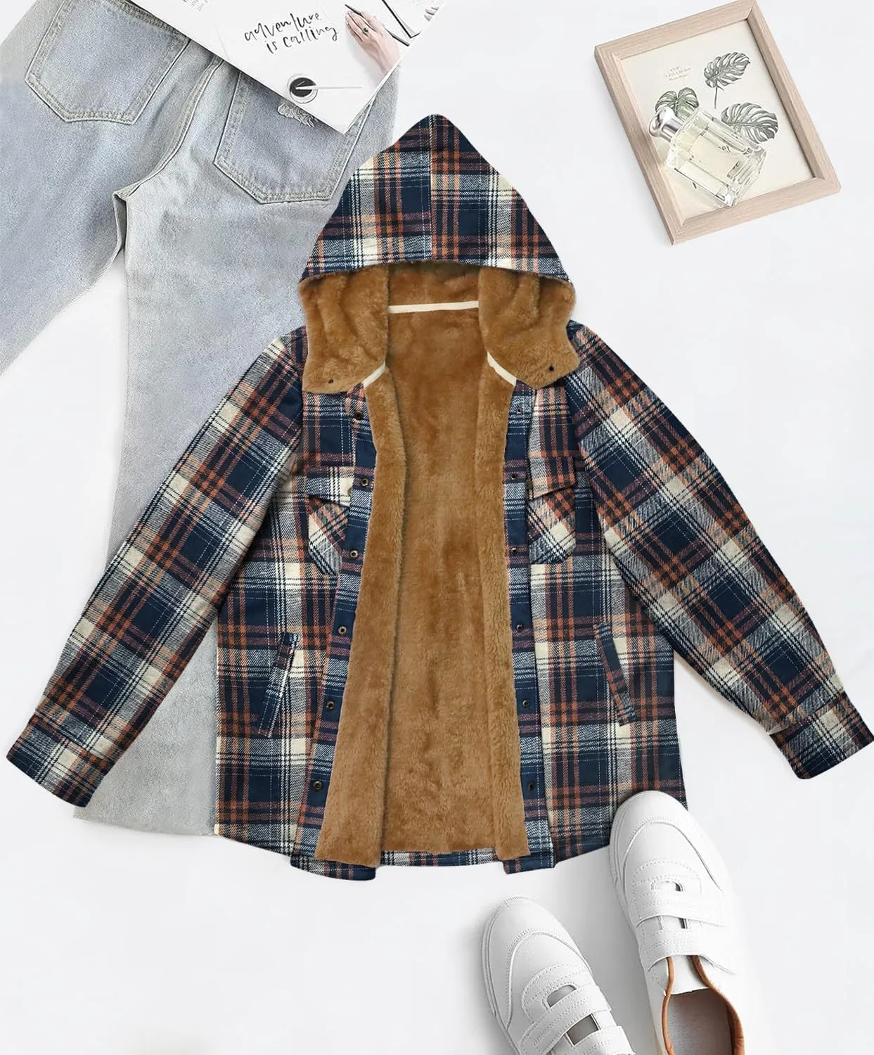 [Updated with Pockets] Womens Plaid Fleece Jacket Long Sleeve Button Down Hooded Jackets Warm Coat for Winter Fall