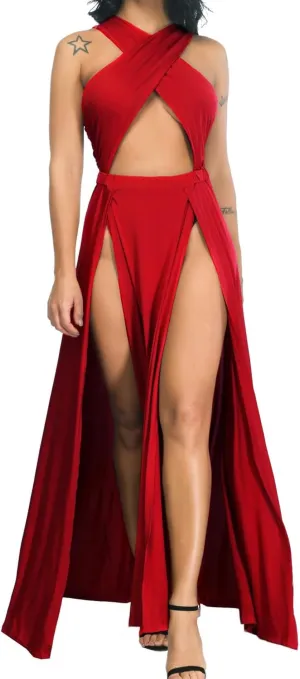 Velius Women Sexy Hollow Out Halter Wrap Sleeveless Plain Pleated Slit Casual Long Maxi Dress