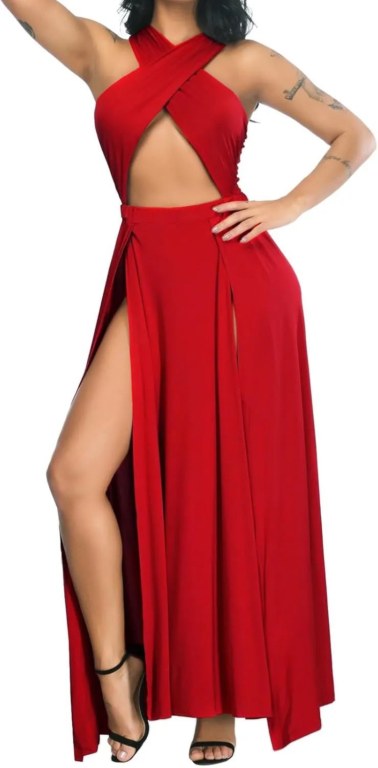 Velius Women Sexy Hollow Out Halter Wrap Sleeveless Plain Pleated Slit Casual Long Maxi Dress
